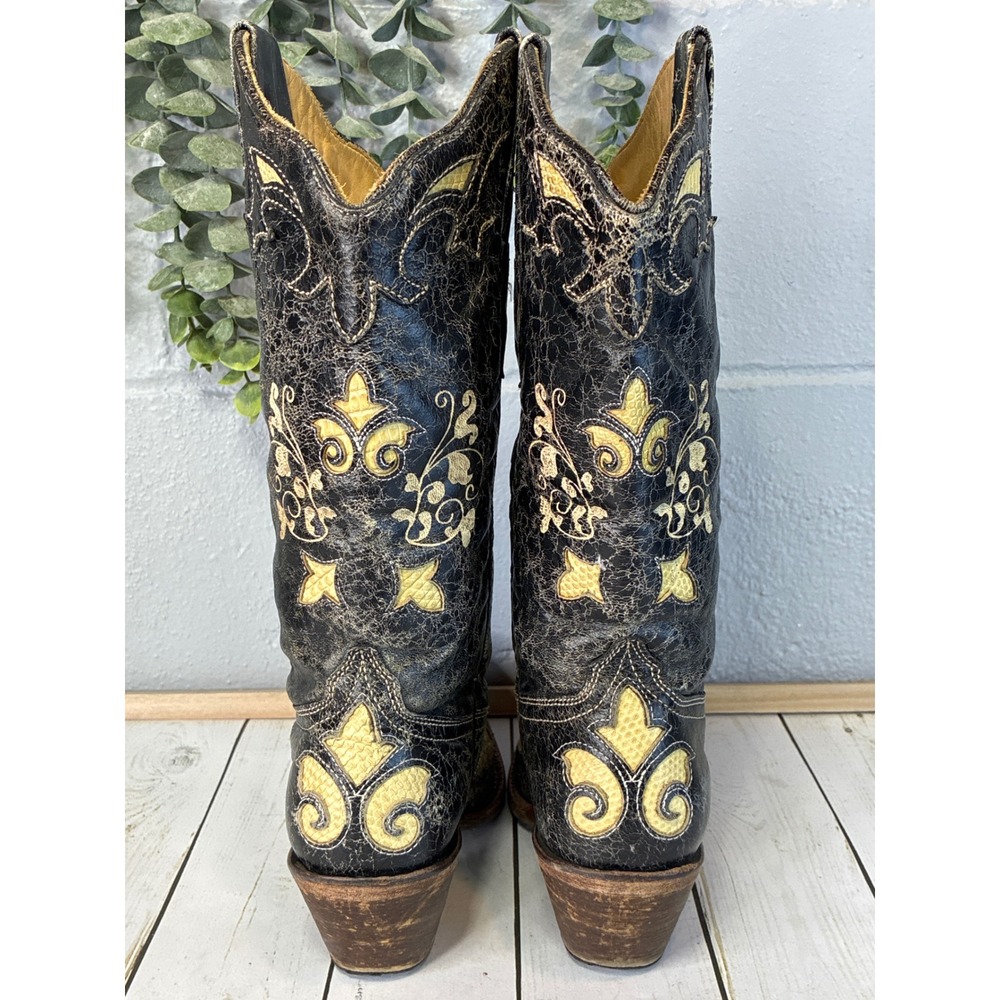 Corral Vintage Distressed Black Yellow Lizard Inlay Western Boots Womens 7M - Picture 4 of 8